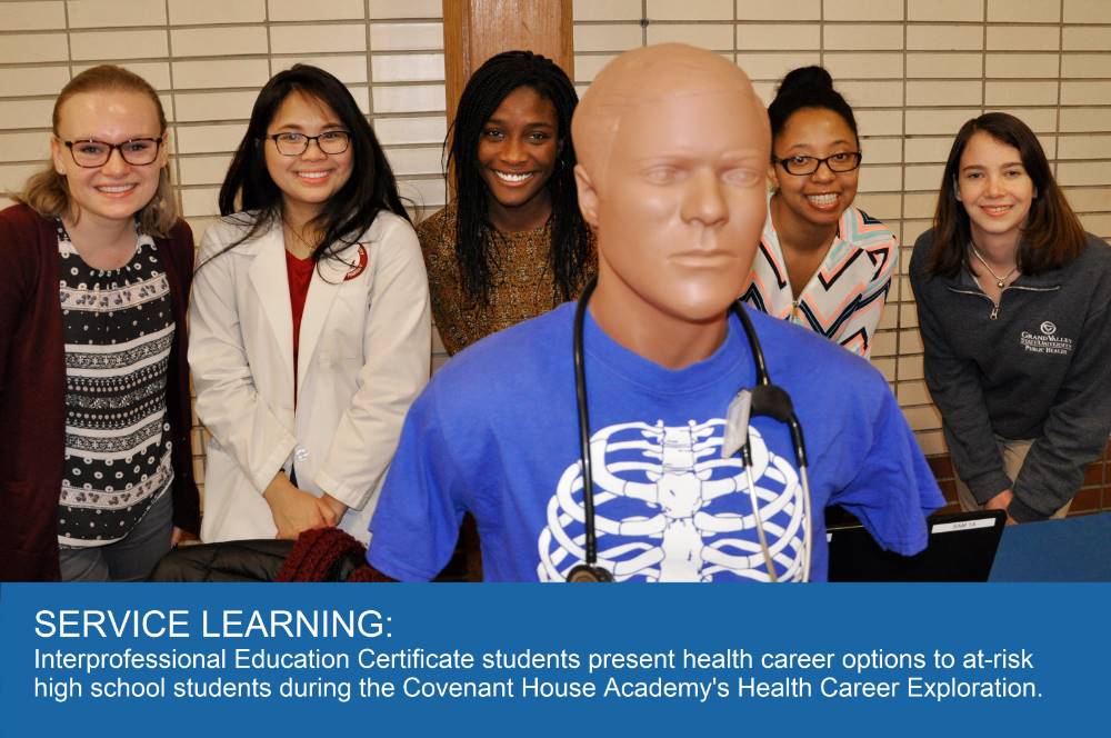 SERVICE LEARNING: Interprofessional Education Certificate students present health career options to at-risk high school students during the Covenant House Academy's Health Career Exploration.